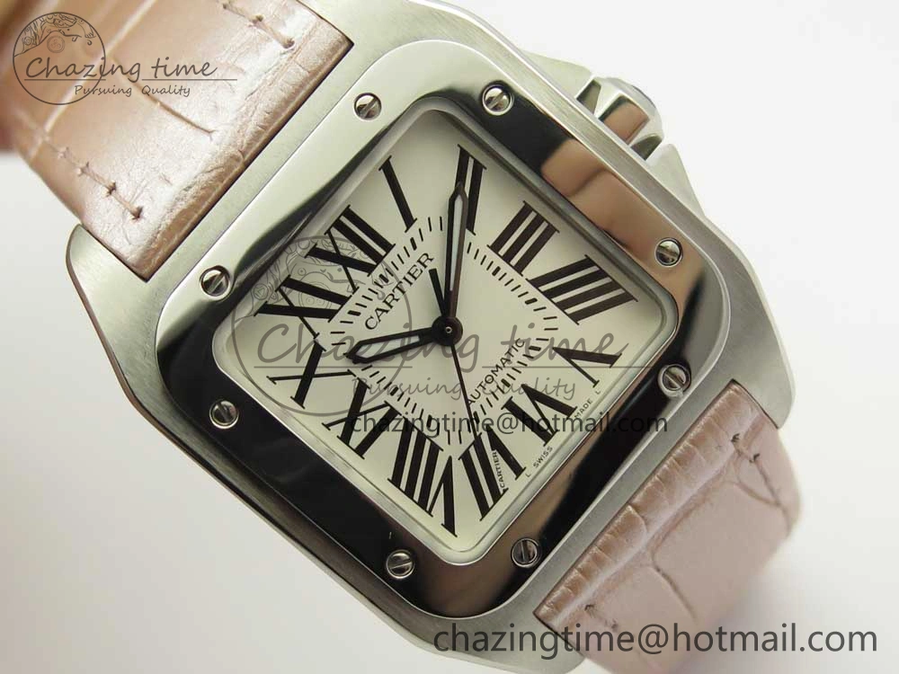 Timeless Santos 100 33mm RXW 1:1 Best Edition Ladies SS White Dial on Pink Leather Strap SEIKO NH05A 6162
