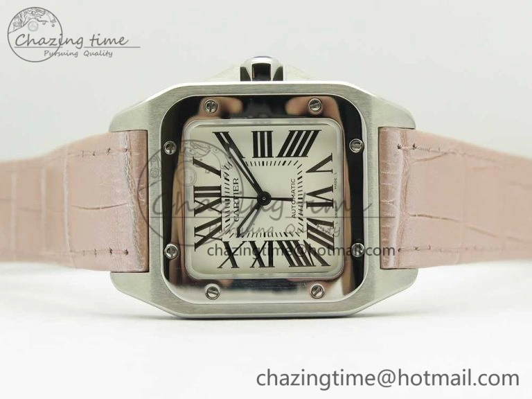 Timeless Santos 100 33mm RXW 1:1 Best Edition Ladies SS White Dial on Pink Leather Strap SEIKO NH05A 6162