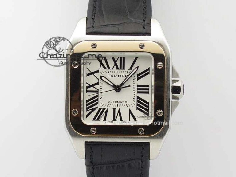 EasyMatch Santos 100 33mm V6F Best Edition Ladies SS White Dial On Black Leather Strap SEIKO NH05A 10786