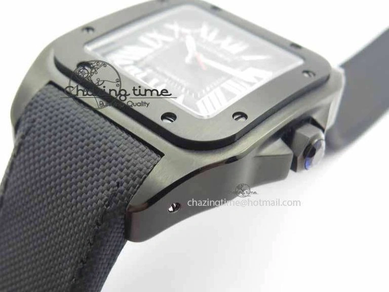 Classic Santos 100 38mm DLC Best Edition Black Dial On Nylon Strap A 6300