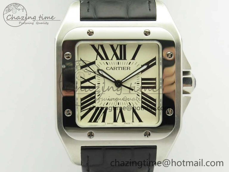 Chic Santos 100 38mm RXW 1:1 Best Edition Ladies SS White Dial on Black Leather Strap A 6160