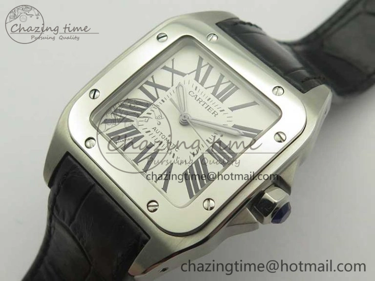 ZipUp Santos 100 38mm SS KZF 1:1 Best Edition White Dial on Black Leather Strap A 6214