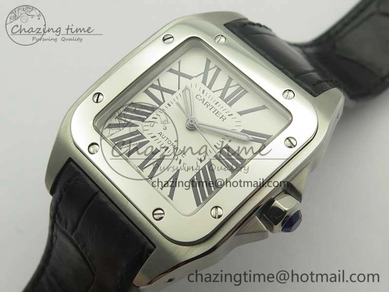 ZipUp Santos 100 38mm SS KZF 1:1 Best Edition White Dial on Black Leather Strap A 6214