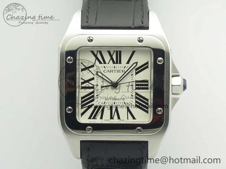 ZipUp Santos 100 38mm SS KZF 1:1 Best Edition White Dial on Black Leather Strap A 6214