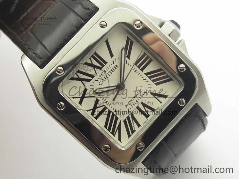 ZipUp Santos 100 38mm SS KZF 1:1 Best Edition White Dial on Black Leather Strap A 6214
