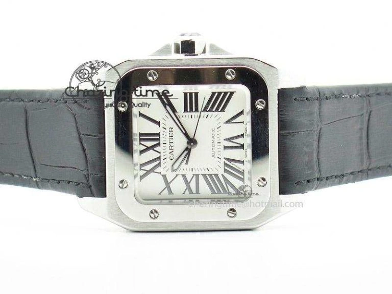 Santos 100 Midsize SS White Dial on Black Leather Strap ETA WrinkleFree 10796