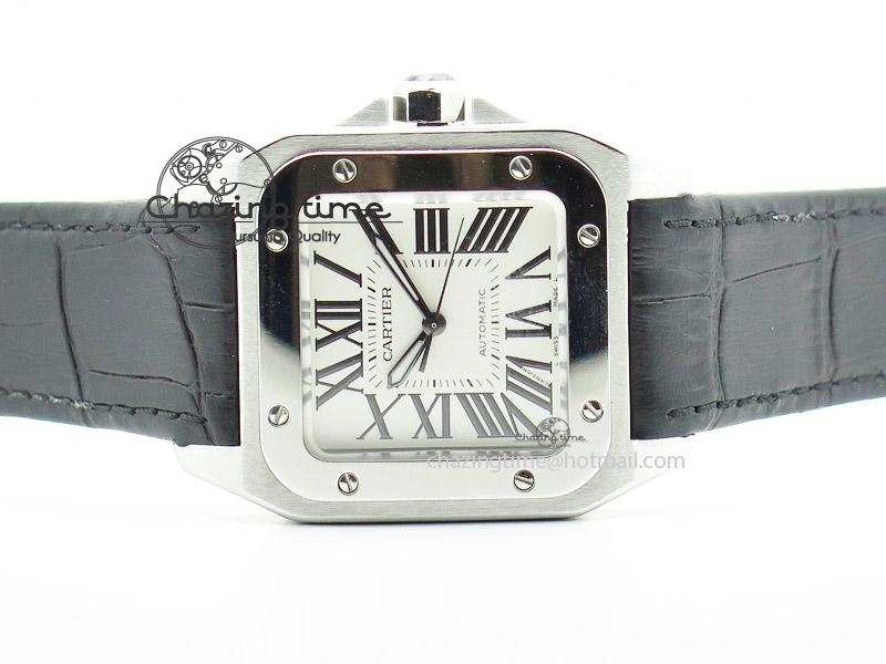 Santos 100 Midsize SS White Dial on Black Leather Strap ETA WrinkleFree 10796