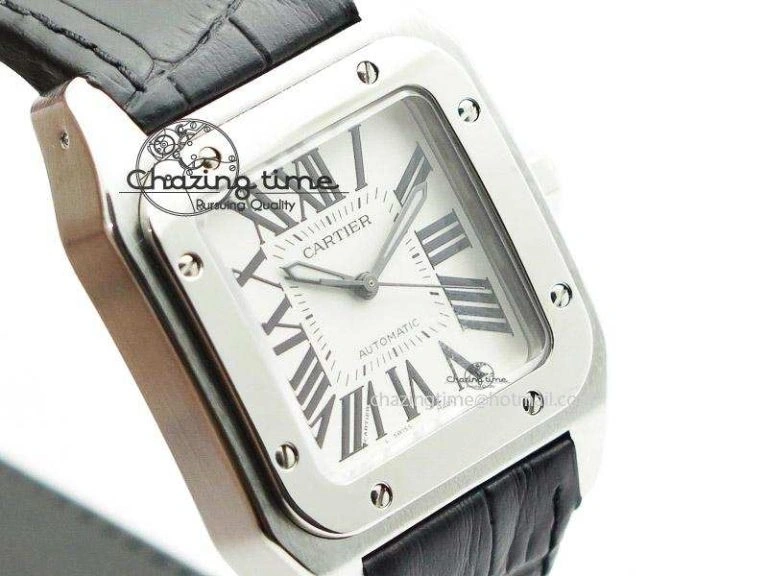 Santos 100 Midsize SS White Dial on Black Leather Strap ETA WrinkleFree 10796