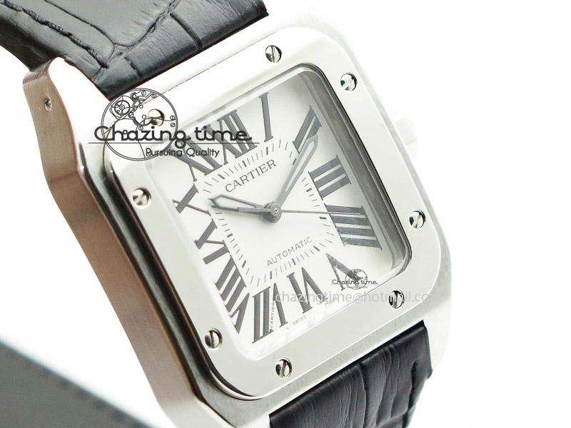 Santos 100 Midsize SS White Dial on Black Leather Strap ETA WrinkleFree 10796