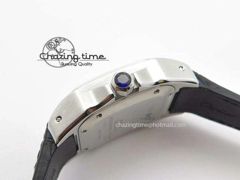 Santos 100 Midsize SS White Dial on Black Leather Strap ETA WrinkleFree 10796
