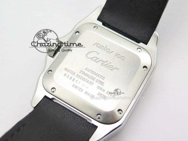 Santos 100 Midsize SS White Dial on Black Leather Strap ETA WrinkleFree 10796