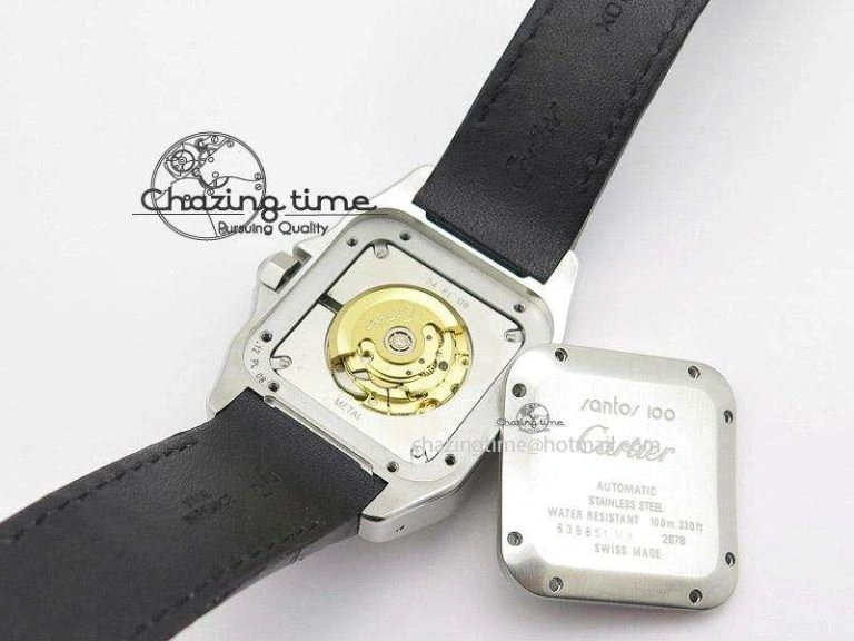 Santos 100 Midsize SS White Dial on Black Leather Strap ETA WrinkleFree 10796