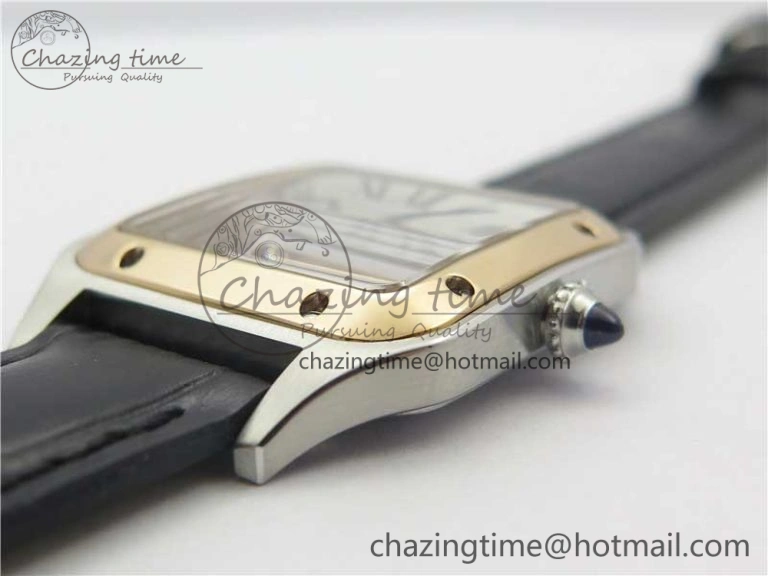 Santos 27.5mm SS RG XF 1:1 Best Edition Silver Dial on Black Croco Strap Ronda Quartz NewStyle 6125