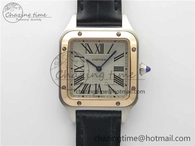 SportInspired Santos 27.5mm SS RG XF 1:1 Best Edition Silver Dial on Black Croco Strap Ronda Quartz 10572