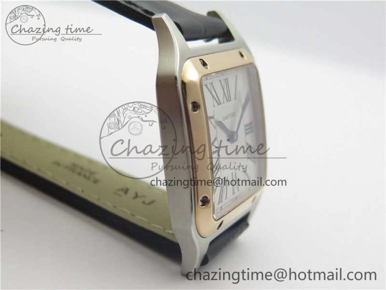 Santos 27.5mm SS RG XF 1:1 Best Edition Silver Dial on Black Croco Strap Ronda Quartz NewStyle 6125
