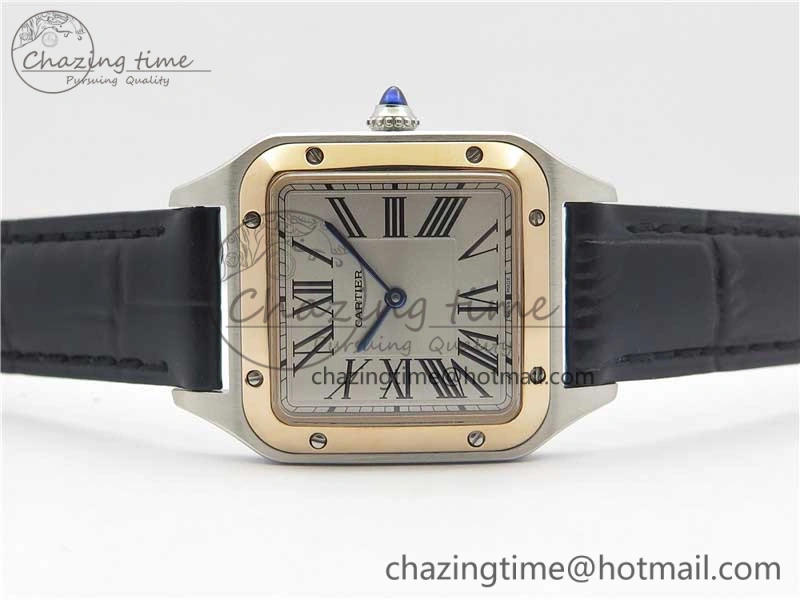 Santos 27.5mm SS RG XF 1:1 Best Edition Silver Dial on Black Croco Strap Ronda Quartz NewStyle 6125