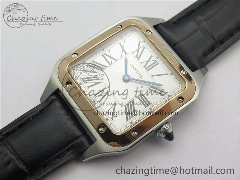 Santos 27.5mm SS RG XF 1:1 Best Edition Silver Dial on Black Croco Strap Ronda Quartz NewStyle 6125
