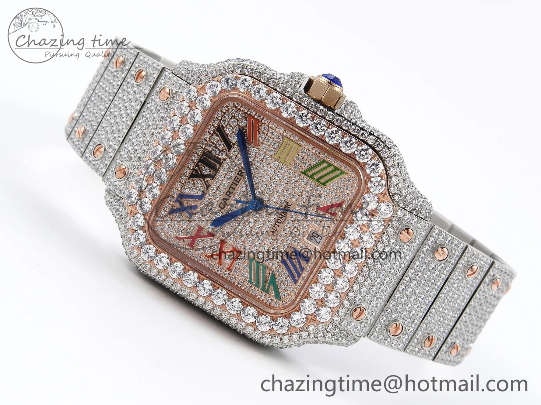 Santos De 40mm TWF 1:1 Best Edition RG Rainbow Dial 904L SS RG Case and Bracelet A ZeroBulk 6008