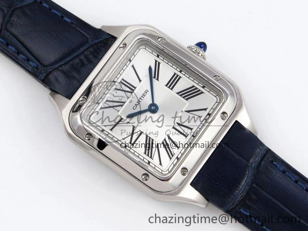 Santos Dumont 27.5mm SS AF 1:1 Best Edition Silver Dial on Blue Croco Strap A Flexible 5934