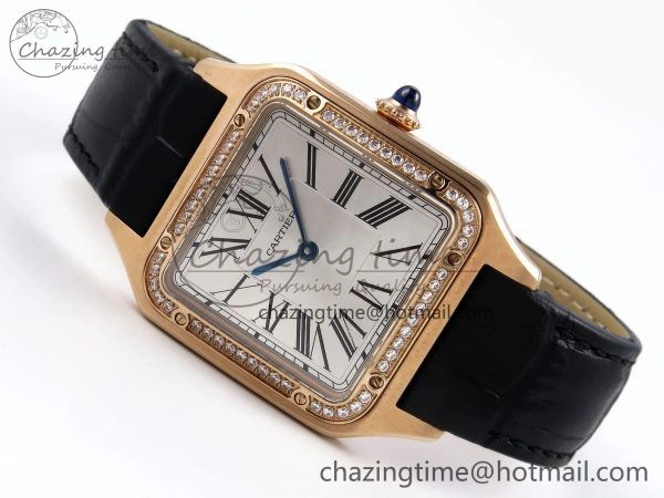 NewStyle Santos Dumont 31.4mm RG AF 1:1 Best Edition Silver Dial Diamonds Bezel on Black Croco Strap A 5910