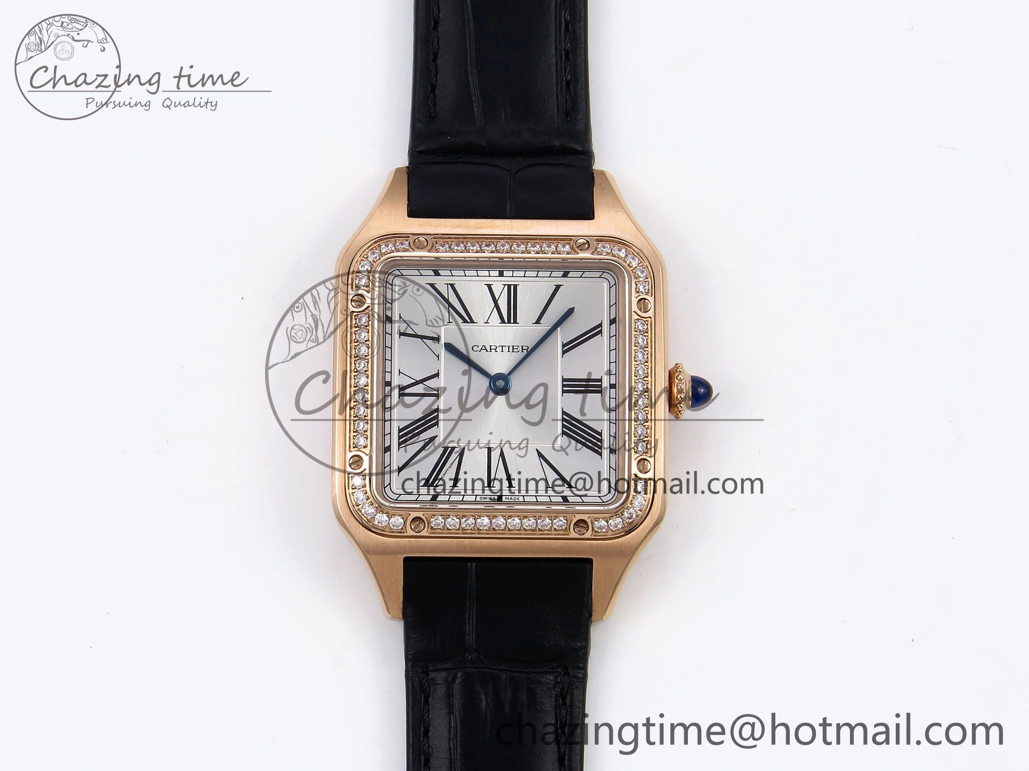 NewStyle Santos Dumont 31.4mm RG AF 1:1 Best Edition Silver Dial Diamonds Bezel on Black Croco Strap A 5910
