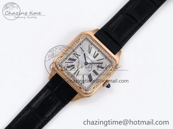 NewStyle Santos Dumont 31.4mm RG AF 1:1 Best Edition Silver Dial Diamonds Bezel on Black Croco Strap A 5910