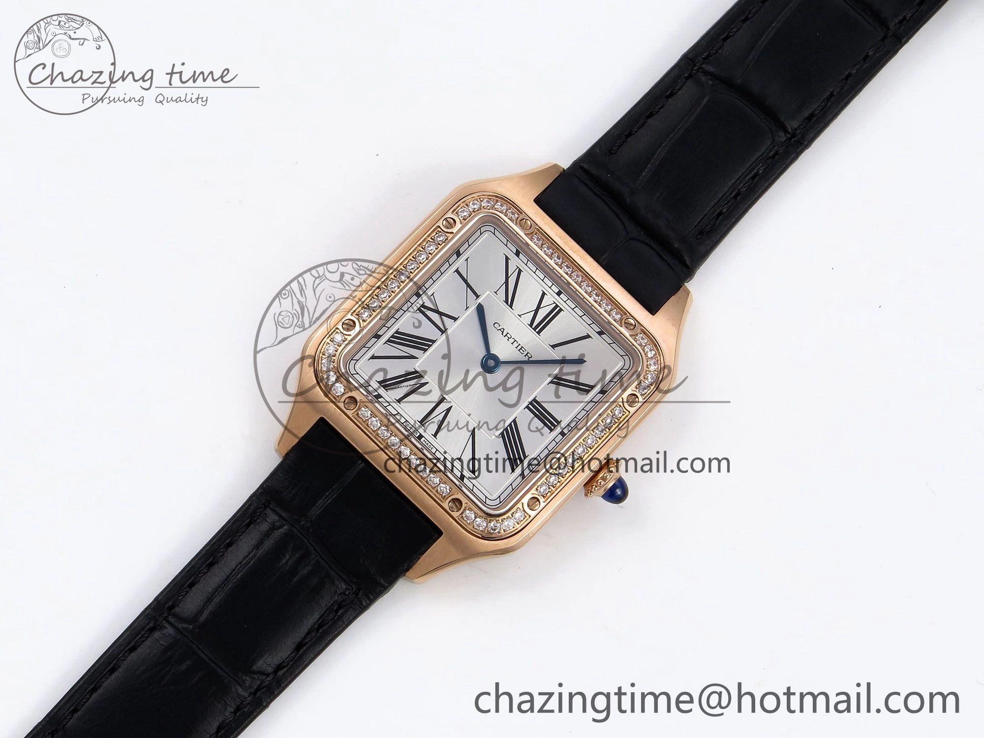 NewStyle Santos Dumont 31.4mm RG AF 1:1 Best Edition Silver Dial Diamonds Bezel on Black Croco Strap A 5910