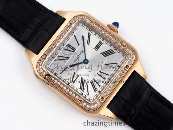 NewStyle Santos Dumont 31.4mm RG AF 1:1 Best Edition Silver Dial Diamonds Bezel on Black Croco Strap A 5910
