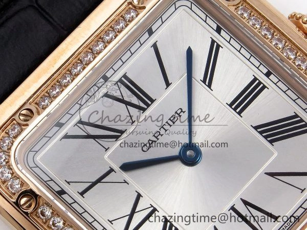 NewStyle Santos Dumont 31.4mm RG AF 1:1 Best Edition Silver Dial Diamonds Bezel on Black Croco Strap A 5910