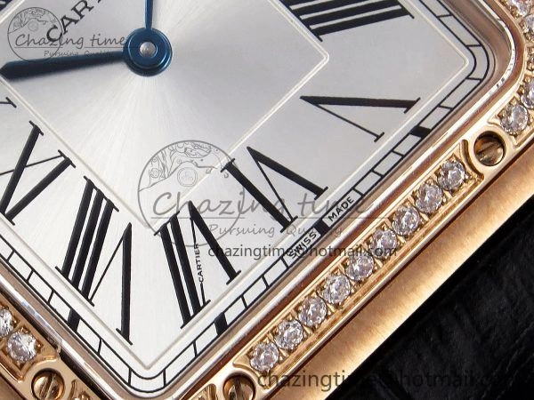 NewStyle Santos Dumont 31.4mm RG AF 1:1 Best Edition Silver Dial Diamonds Bezel on Black Croco Strap A 5910
