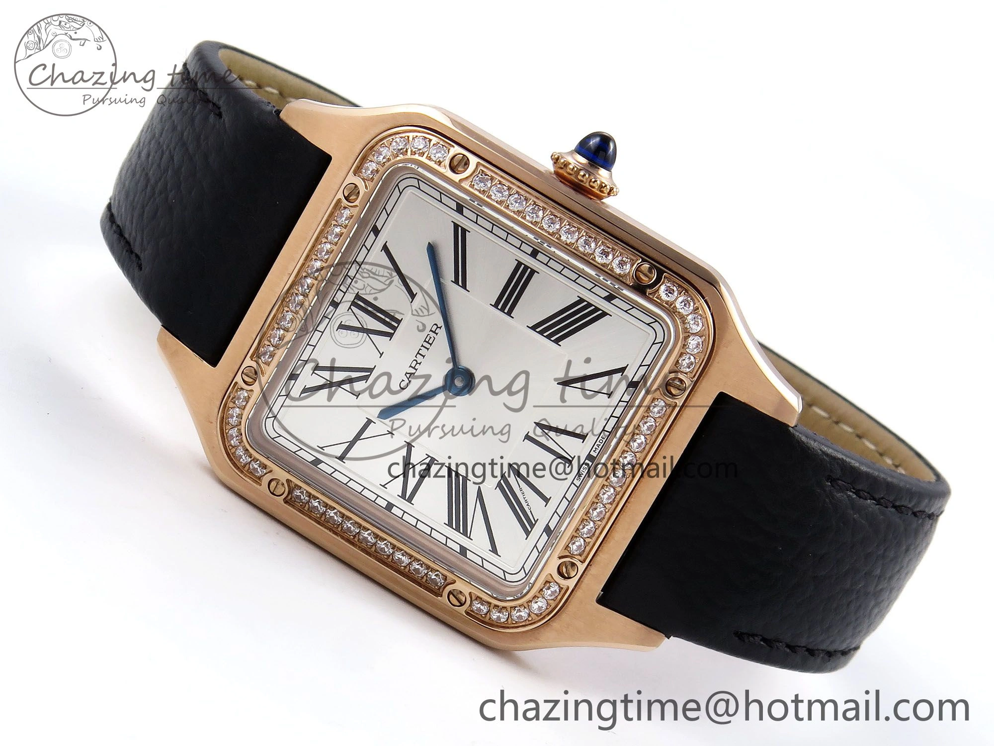 Santos Dumont 31.4mm RG AF 1:1 Best Edition Silver Dial Diamonds Bezel on Black Leather Strap A TravelReady 5929