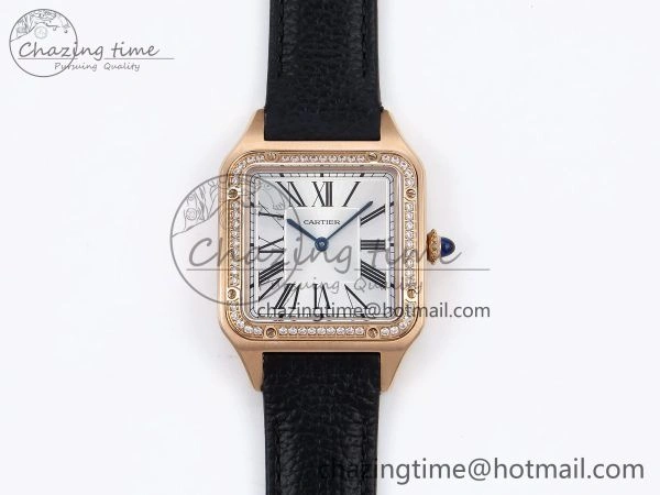Santos Dumont 31.4mm RG AF 1:1 Best Edition Silver Dial Diamonds Bezel on Black Leather Strap A TravelReady 5929
