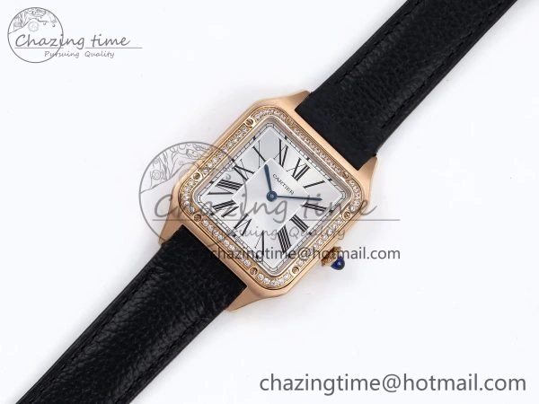 Santos Dumont 31.4mm RG AF 1:1 Best Edition Silver Dial Diamonds Bezel on Black Leather Strap A TravelReady 5929