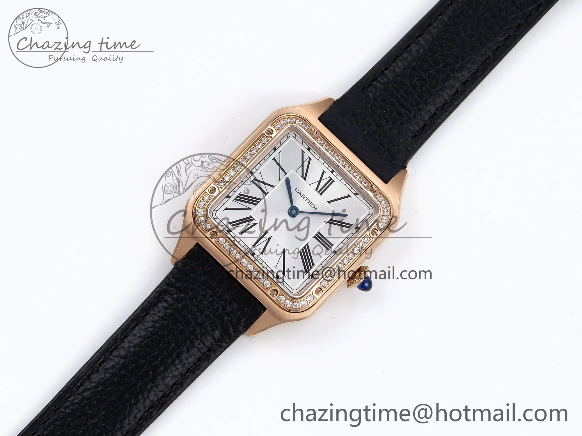 Santos Dumont 31.4mm RG AF 1:1 Best Edition Silver Dial Diamonds Bezel on Black Leather Strap A TravelReady 5929