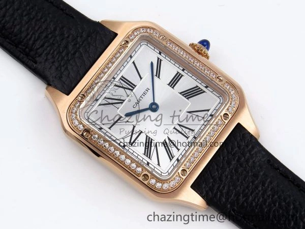 Santos Dumont 31.4mm RG AF 1:1 Best Edition Silver Dial Diamonds Bezel on Black Leather Strap A TravelReady 5929