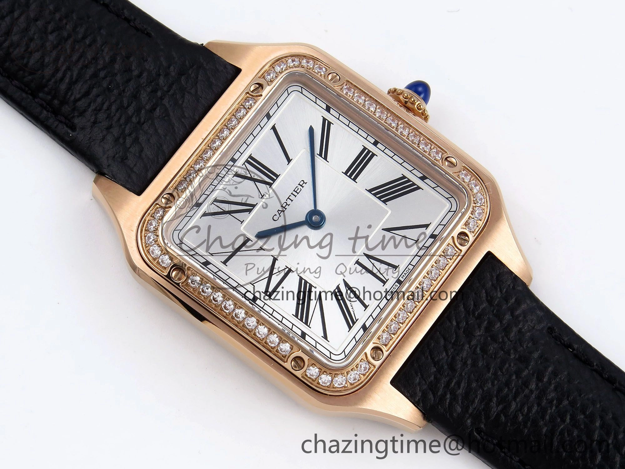 Santos Dumont 31.4mm RG AF 1:1 Best Edition Silver Dial Diamonds Bezel on Black Leather Strap A TravelReady 5929