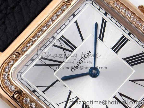 Santos Dumont 31.4mm RG AF 1:1 Best Edition Silver Dial Diamonds Bezel on Black Leather Strap A TravelReady 5929