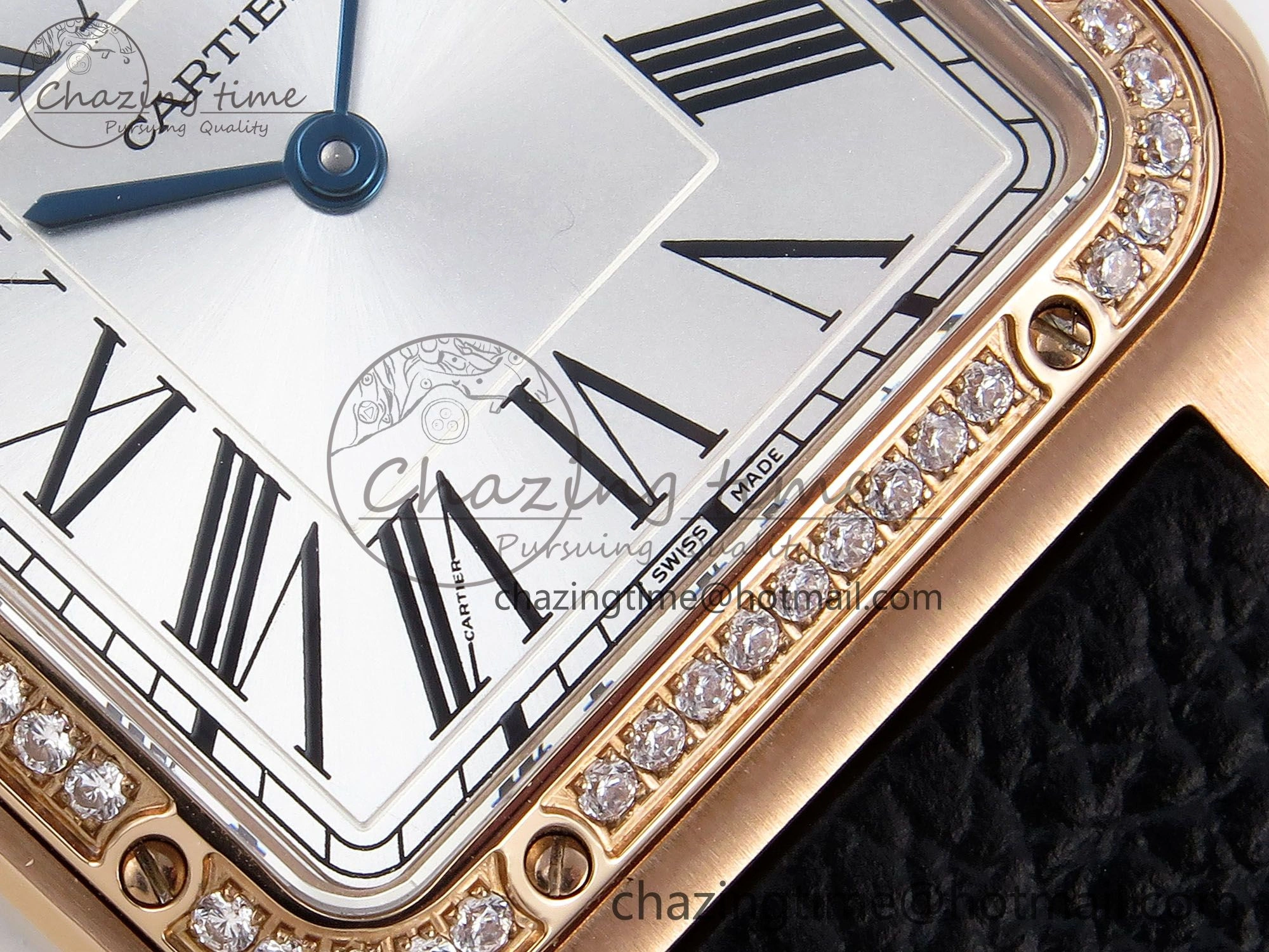 Santos Dumont 31.4mm RG AF 1:1 Best Edition Silver Dial Diamonds Bezel on Black Leather Strap A TravelReady 5929