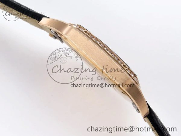 Santos Dumont 31.4mm RG AF 1:1 Best Edition Silver Dial Diamonds Bezel on Black Leather Strap A TravelReady 5929