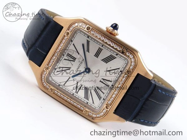 Santos Dumont 31.4mm RG AF 1:1 Best Edition Silver Dial Diamonds Bezel on Blue Croco Strap A Supportive 5925