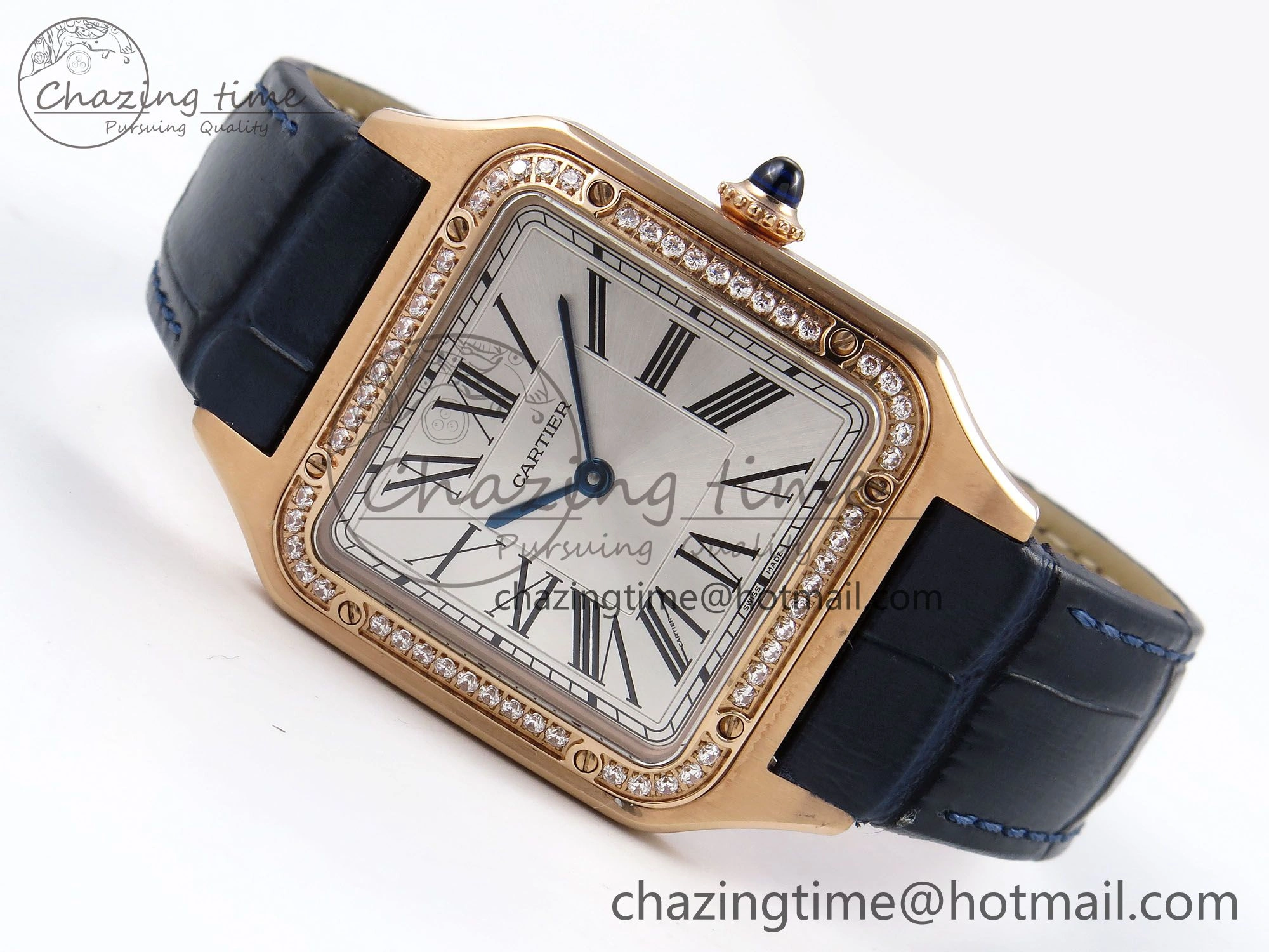 Santos Dumont 31.4mm RG AF 1:1 Best Edition Silver Dial Diamonds Bezel on Blue Croco Strap A Supportive 5925