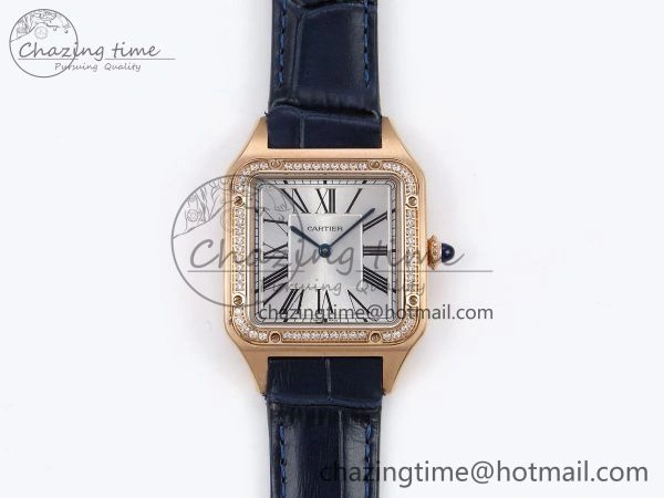 Santos Dumont 31.4mm RG AF 1:1 Best Edition Silver Dial Diamonds Bezel on Blue Croco Strap A Supportive 5925