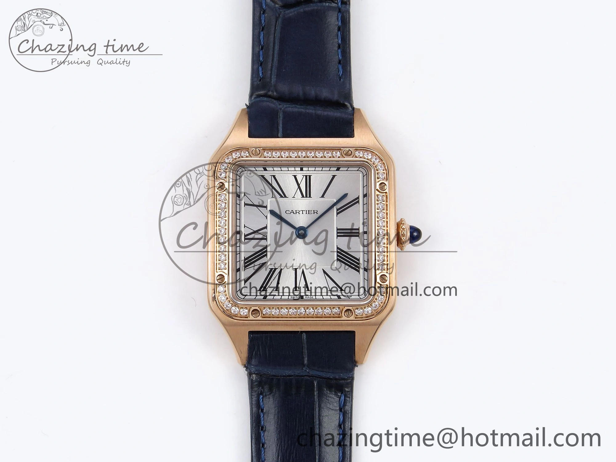 Santos Dumont 31.4mm RG AF 1:1 Best Edition Silver Dial Diamonds Bezel on Blue Croco Strap A Supportive 5925