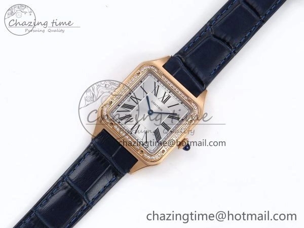 Santos Dumont 31.4mm RG AF 1:1 Best Edition Silver Dial Diamonds Bezel on Blue Croco Strap A Supportive 5925