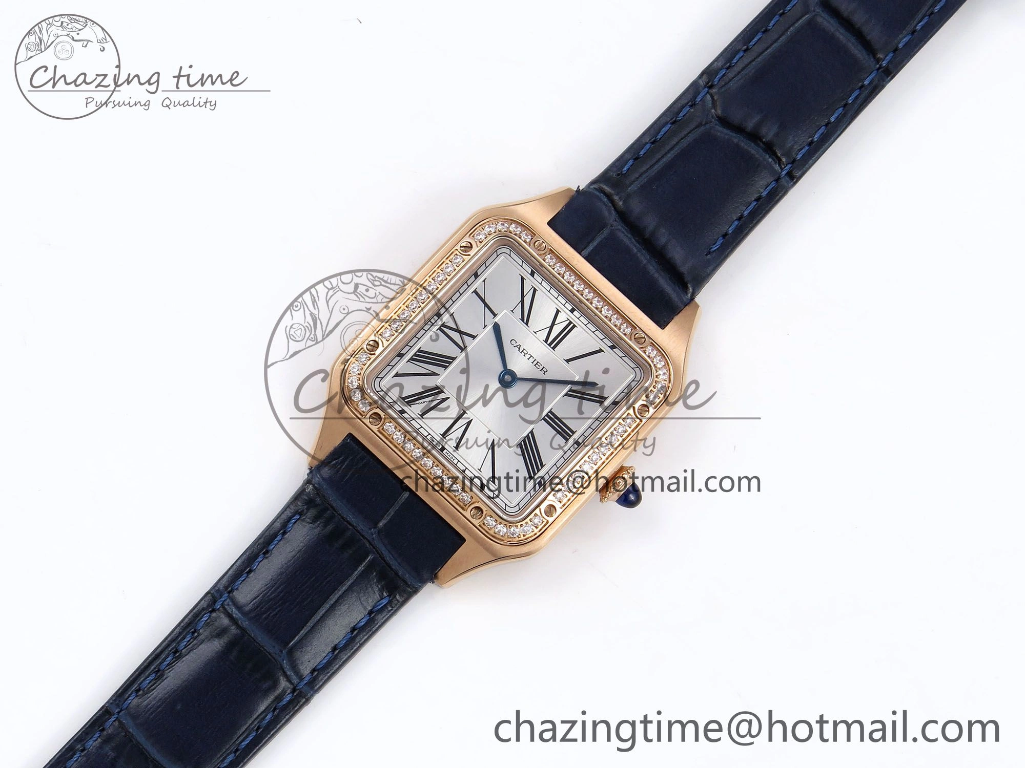 Santos Dumont 31.4mm RG AF 1:1 Best Edition Silver Dial Diamonds Bezel on Blue Croco Strap A Supportive 5925