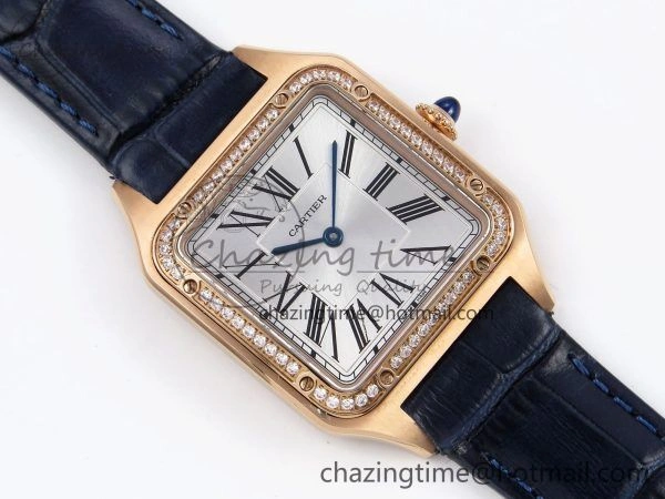 Santos Dumont 31.4mm RG AF 1:1 Best Edition Silver Dial Diamonds Bezel on Blue Croco Strap A Supportive 5925