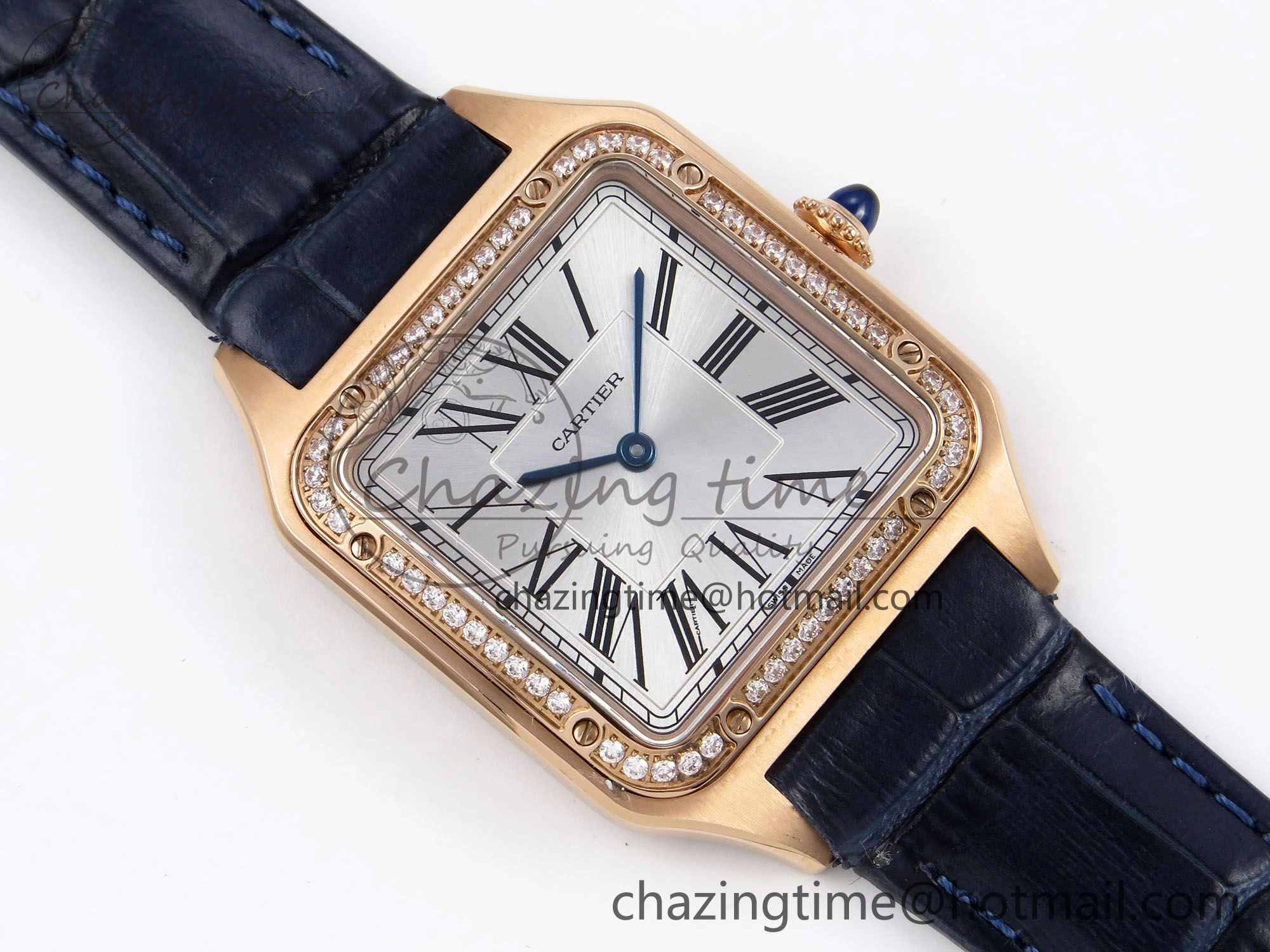 Santos Dumont 31.4mm RG AF 1:1 Best Edition Silver Dial Diamonds Bezel on Blue Croco Strap A Supportive 5925