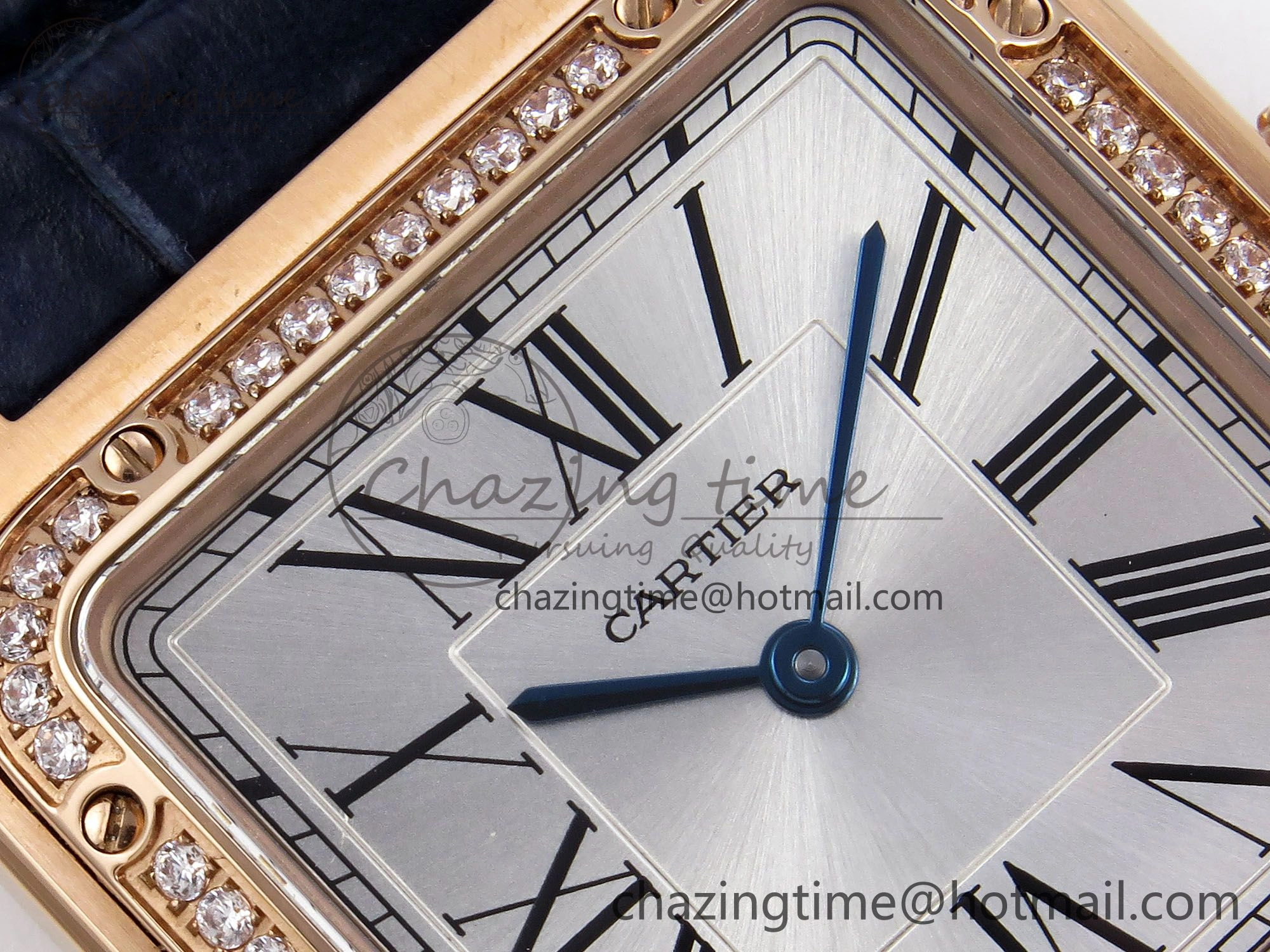 Santos Dumont 31.4mm RG AF 1:1 Best Edition Silver Dial Diamonds Bezel on Blue Croco Strap A Supportive 5925