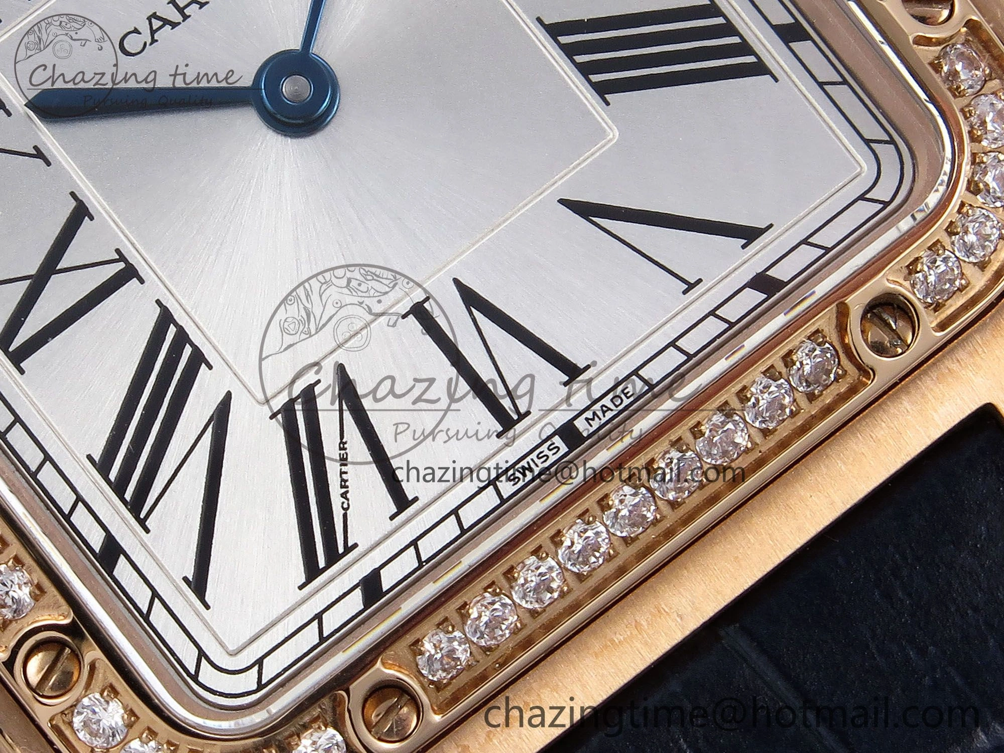 Santos Dumont 31.4mm RG AF 1:1 Best Edition Silver Dial Diamonds Bezel on Blue Croco Strap A Supportive 5925