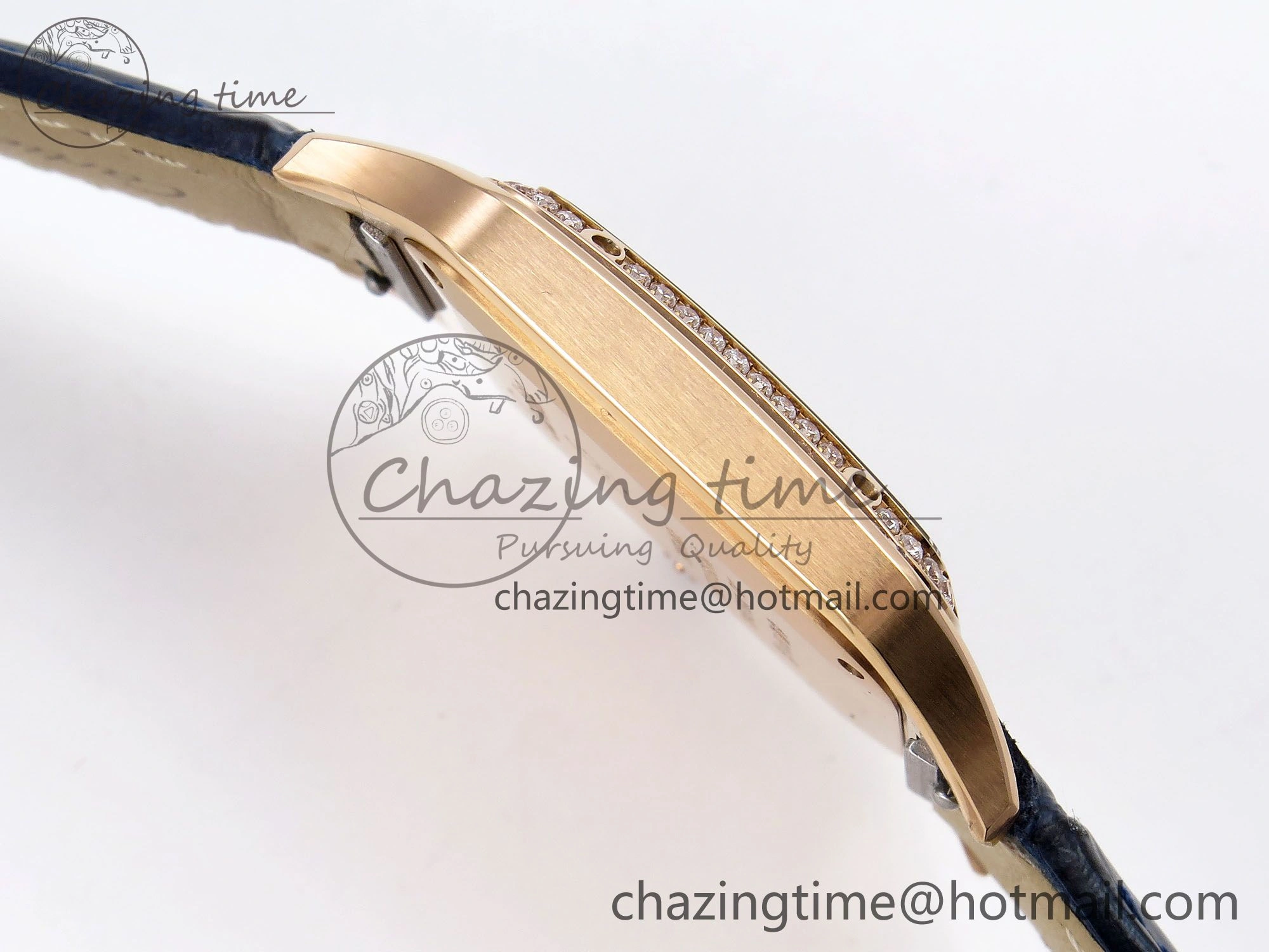 Santos Dumont 31.4mm RG AF 1:1 Best Edition Silver Dial Diamonds Bezel on Blue Croco Strap A Supportive 5925